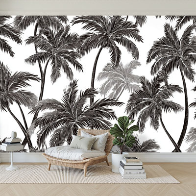 Murale auto-adhésive moderne de style l 96 po x H 69 po Peel and Stick pour palmiers tropicaux noirs et blancs