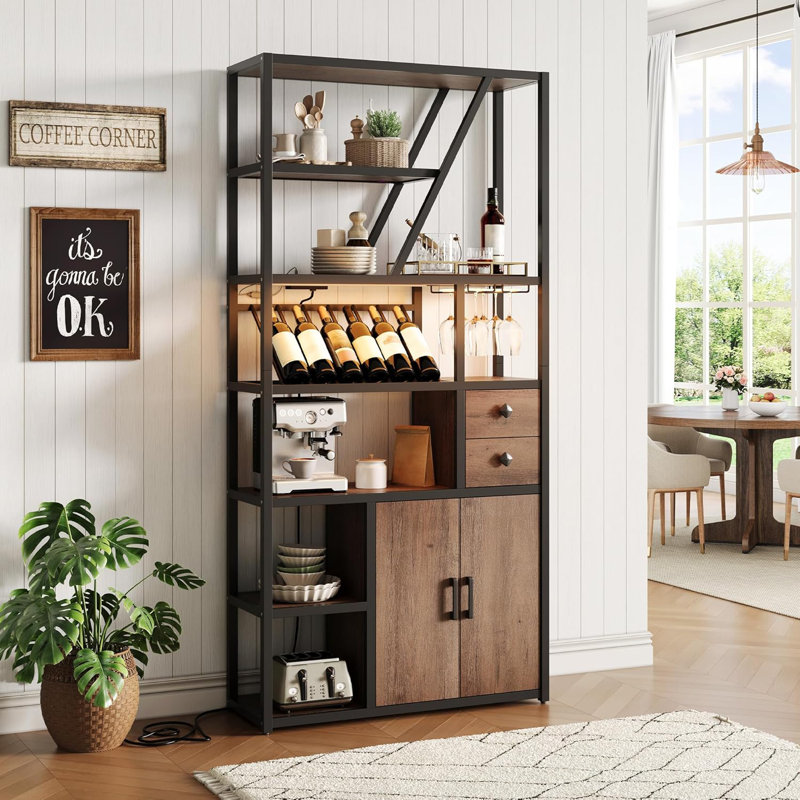 Bar Cabinet with Wine Rack, Liquor Stand with Glass Holder & LED Lights, Coffee Sideboard Cabinet for Living Room, Home Bar