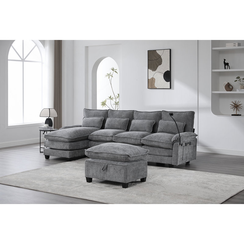 106" U-Shaped Sectional Cloud Sofa For Living Room – Upholstered Comfy Modular Sofa, 4-Seat Chenille U-Shaped Sleeper With Chaise Lounge, Ottoman & Pillows