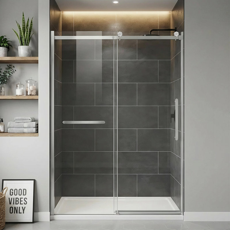 Ambrose 56-in to 60-in W x 76-in H Sliding Shower Door with Clear Tempered Glass and Brushed Nickel Hardware, Brushed Nickel