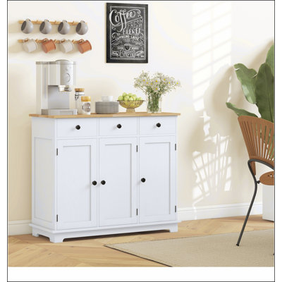Sideboard with Solid Wood Countertop, Modern Kitchen Storage Cabinet, Coffee Bar Cabinet with 3 Drawers, Doors and Adjustable Shelf, Distressed White
