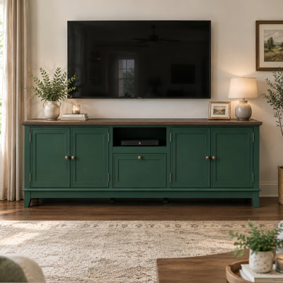 78" Farmhouse TV Stand, Two‑Tone Green Media Console with Storage Cabinets, Drawer & Cable Cutout
