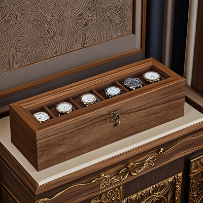 Boîte à montre avec 6 fentes, boîte à montre, boîte à montre en bois massif avec couvercle en verre, boîte à montre avec coussins amovibles, idée cadeau
