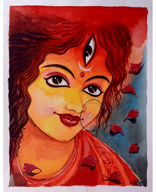Durga Maa | Aquarelle sur toile | Par Rohit | Décoration murale