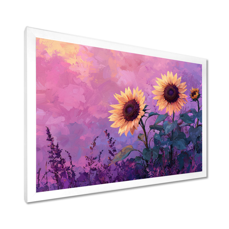 Donah, crépuscule mauve, teintes de coucher de soleil, champ de tournesols - art mural tournesols, H 34 po x l 44 po, Blanc