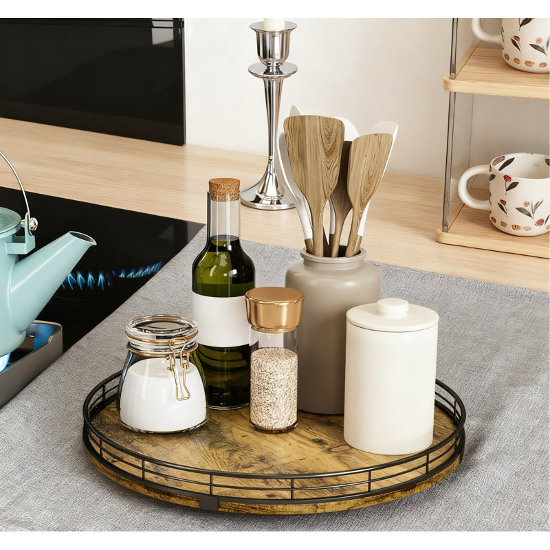 Wooden Turntable Organizer For Kitchen, Bathroom & Coffee Table, 360° Smooth Rotation With Raised Edges, Anti-Slip Pads & Rustic Style Design