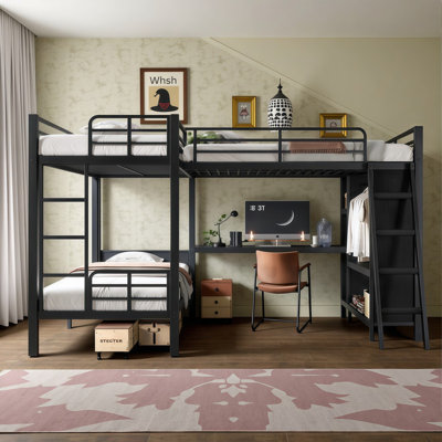 Lit superposé triple peu encombrant avec lit superposé simple au-dessus de simple TG, bureau double et garde-robe encastré