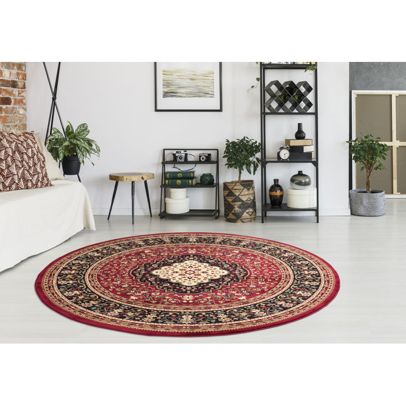 Tapis ivoire / rouge / noir à tissage plat Bitner, Rond 5 pi 3 po