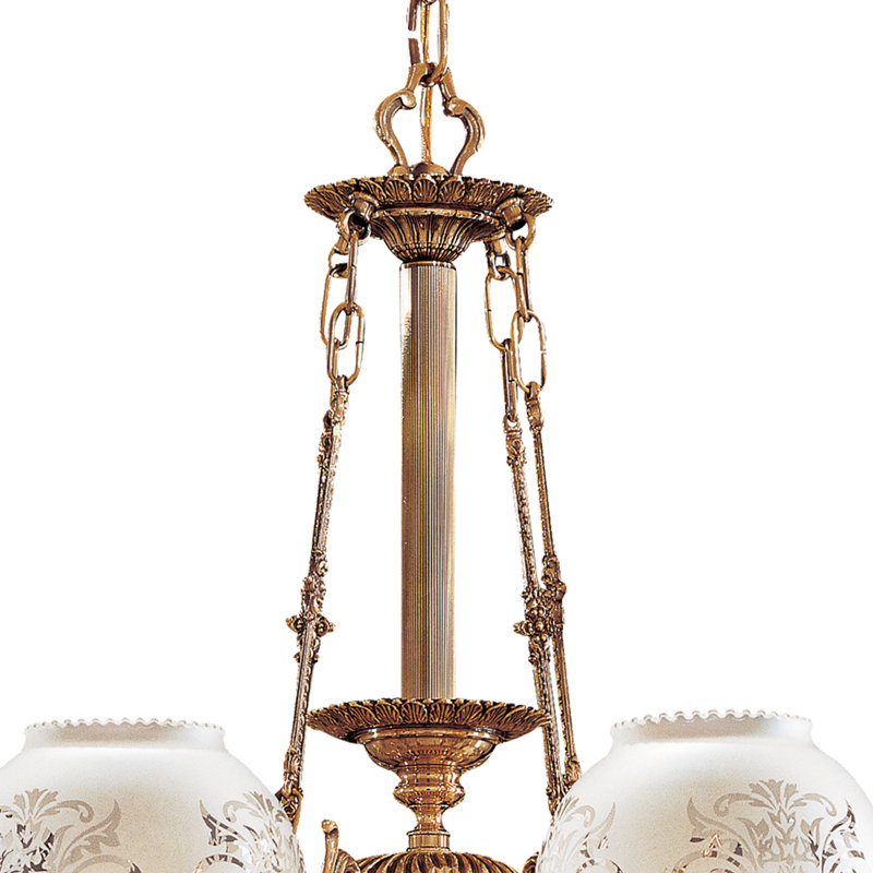 Antique Brass 8-Light Chandelier with Frosted Etched Glass Shades