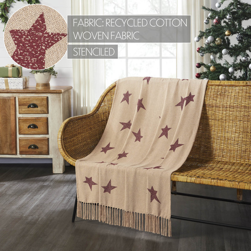 Tan and Burgundy Star Pattern Cotton Throw Blanket