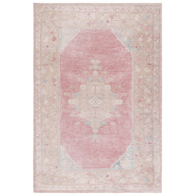 Bhavi Vintage Hand Tufted Pet Yarn/Cotton Oriental Rug in Pink/Dark Beige