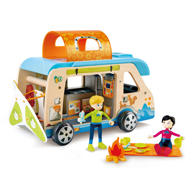 Hape Adventure Van - Ensemble de jeu avec figurines et accessoires, jeu de société, camping-car, surf, enfants de 3 ans et plus