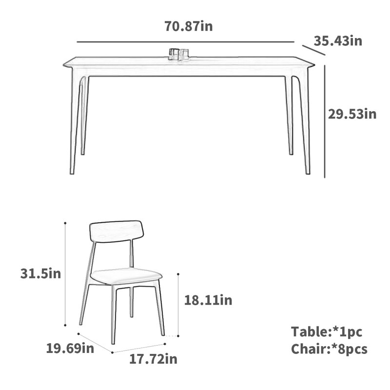 8 - Person Four Leg Dining Set, 29.53"H x 70.87"L x 35.43"W