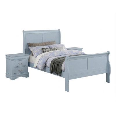 Ensemble de chambre 3 pièces Louis Philippe, fini bleu, lit traîneau à panneaux, 2 tables de chevet, 2 tiroirs de rangement, mobilier de chambre en bois