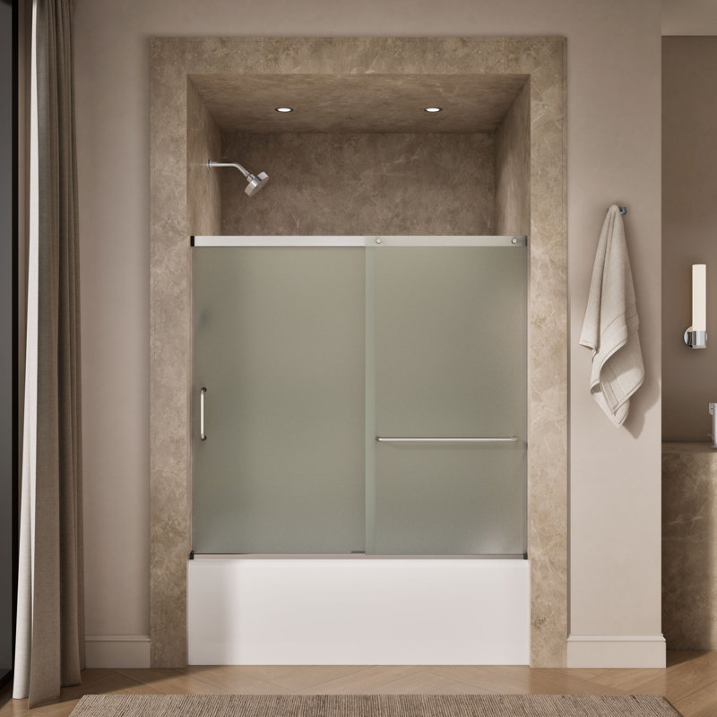Elate Sliding Bath Door, 56-3/4-In H X 56-1/4 - 59-5/8-In W, With 1/4-In Thick Crystal Clear Glass, Silver/Frosted