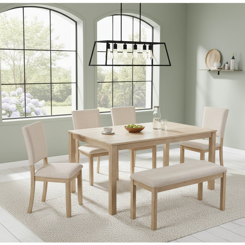 Ensemble de salle à manger moderne 6 pièces, table rectangulaire en bois avec banc et 4 chaises rembourrées, ensemble de cuisine en chêne clair et beige