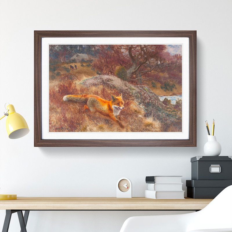 Fox and Hunting Dogs Vol.3 by Bruno Liljefors - Picture Frame Painting, Walnut Framed, 48cm H x 65cm W x 2cm D