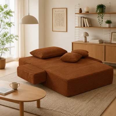 Chaise longue 2 en 1 sans os, convertible en lit, fauteuil de lecture profond en velours côtelé avec larges coussins d'accoudoirs et poche latérale