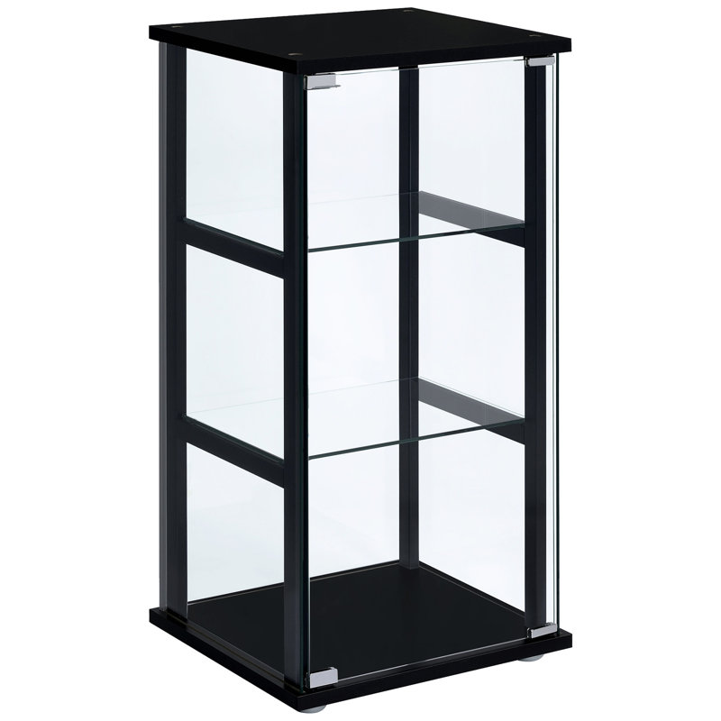 Armoire de rangement et de présentation en verre noir à 3 tablettes avec verre trempé transparent, ajoutant une touche moderne à votre espace, porte de 17,17 pouces de largeur, s'adaptant à différents décors intérieurs, profondeur de 14,17 pouces