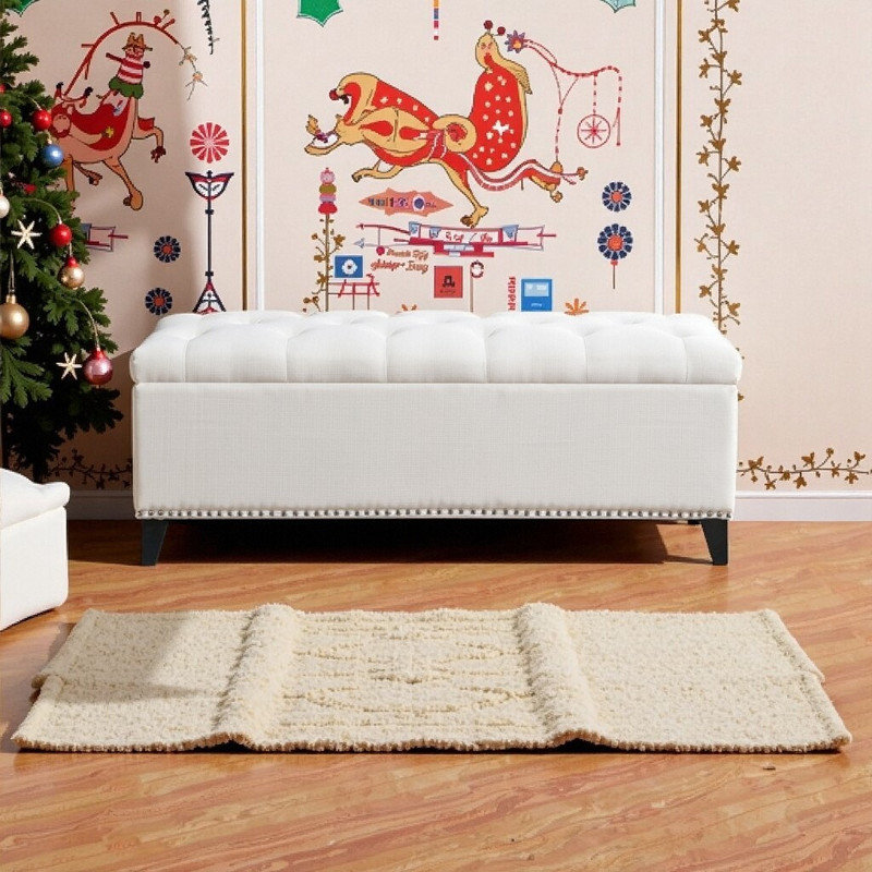 47.5" Button-Tufted Storage Ottoman Bench With Safety Close Hinge And Support Up To 500Lbs, Beige