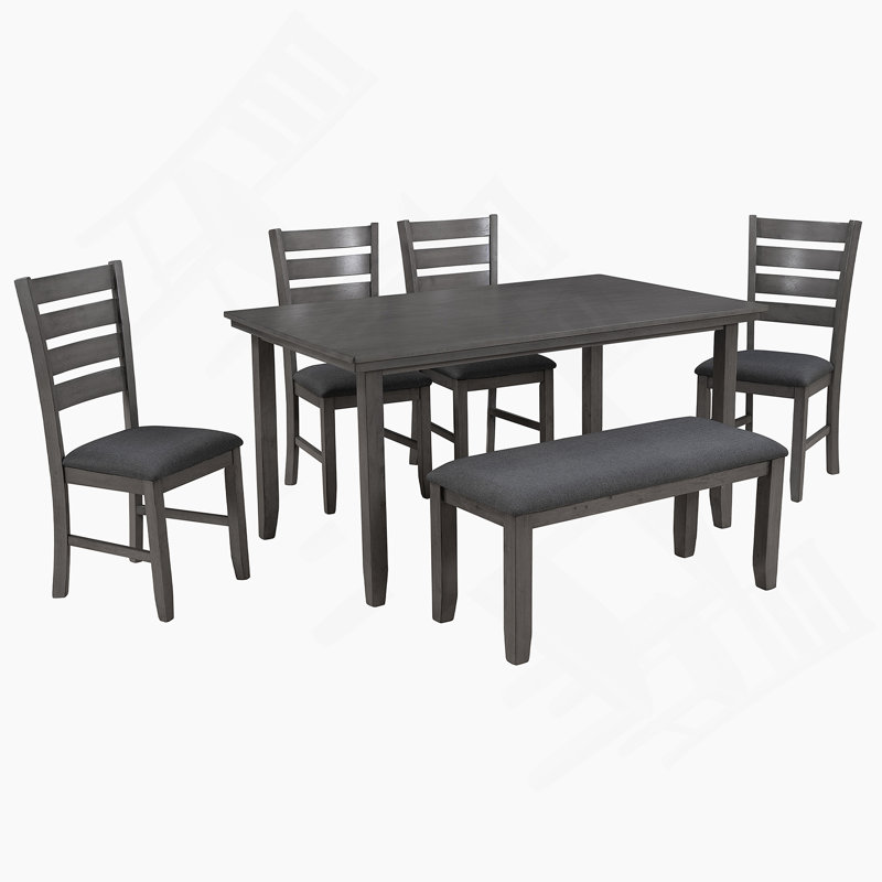 Table et chaises de salle à manger avec banc, ensemble de salle à manger en bois rustique, ensemble de 6, Noir, Gris