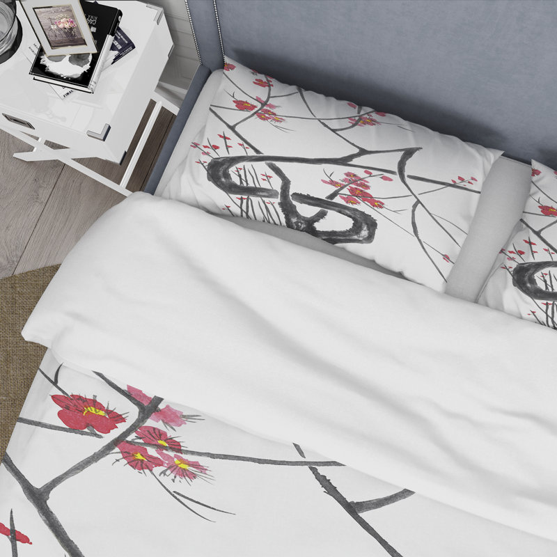 Fleurs de cerisier japonais - ensemble de housse de couette traditionnel - microfibre de polyester