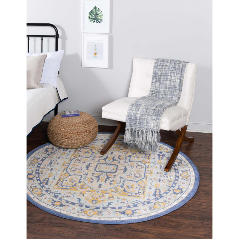 Tapis oriental bleu ciel Joshette, Rond 3 pi 3 po