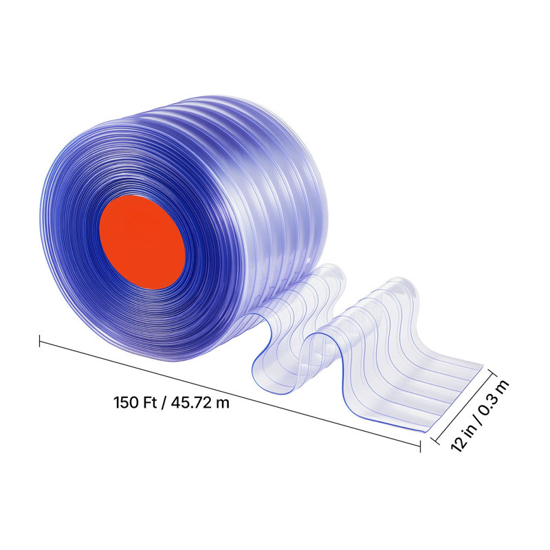Rouleau de rideau en PVC transparent 150 pi x 12 po - Isolation de porte en plastique nervuré pour congélateurs, entrepôts et garages