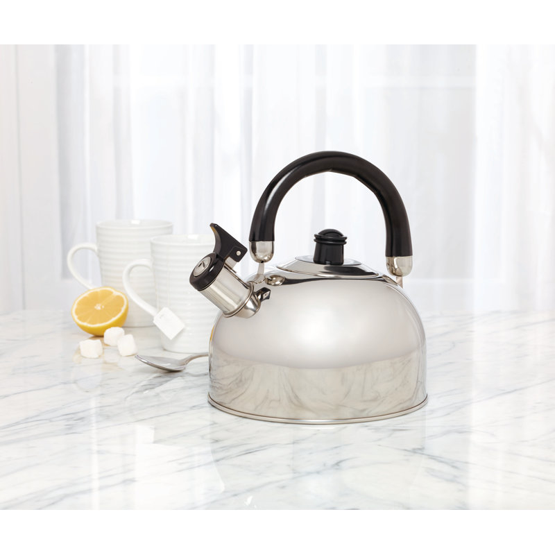 Polished Stainless Steel Whistling Tea Kettle with Black Handle