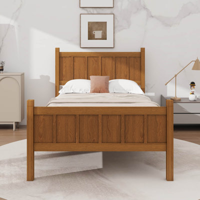 Base de lit en bois avec finition grain de bois, lit plateforme avec tête de lit et support à lattes de bois