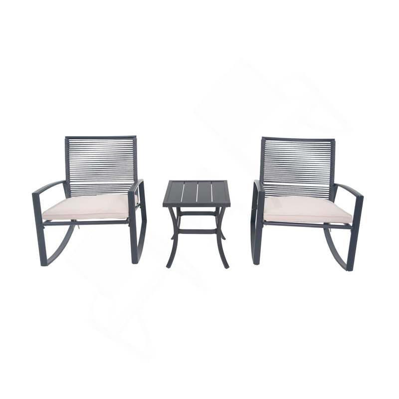 2-Person Outdoor Patio Bistro Metal Rocking Conversation Set With Table, Beige
