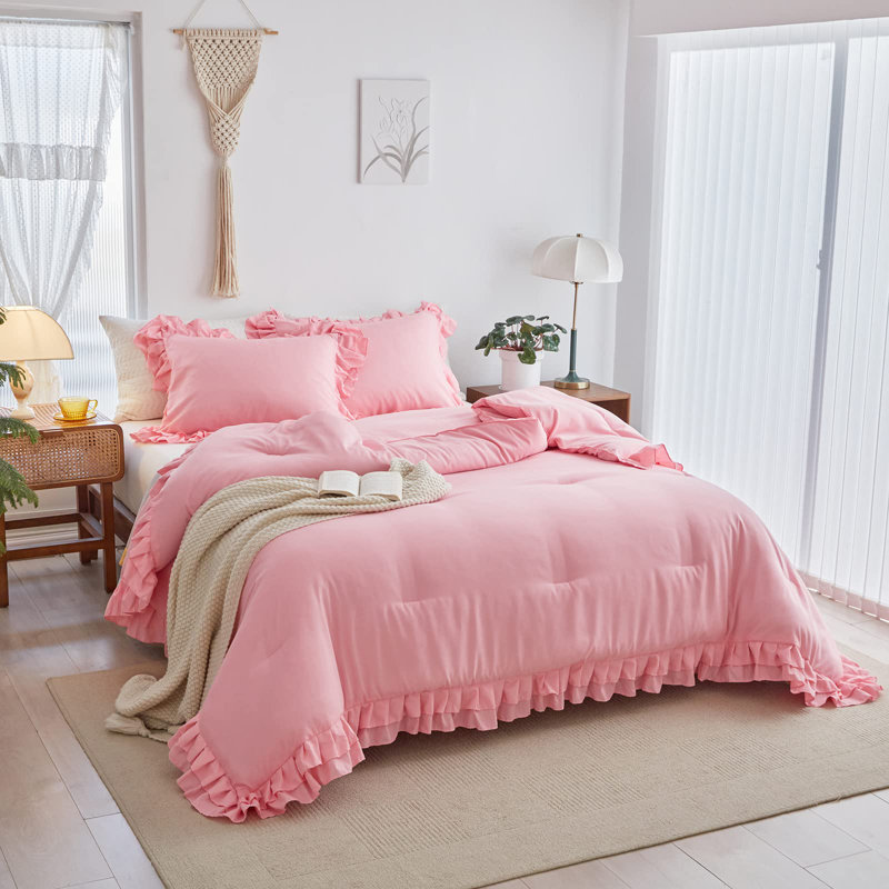 Ensemble d'édredon rose à volants pour lit simple, 3 pièces
