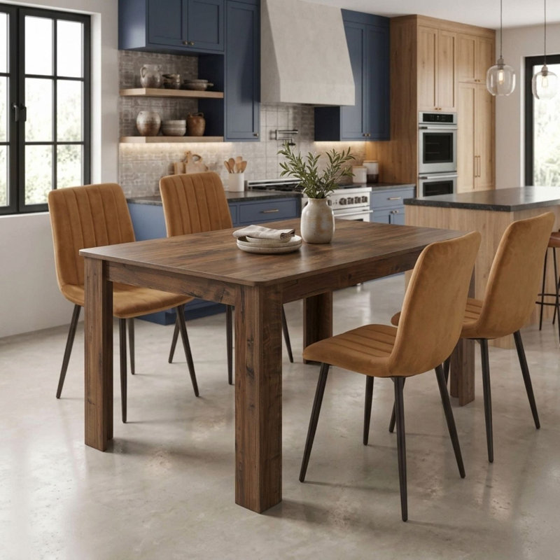 Dining Set with Rustic Wood Effect Table and 4 Brown Velvet Chairs 4 Seater Kitchen Furniture Set