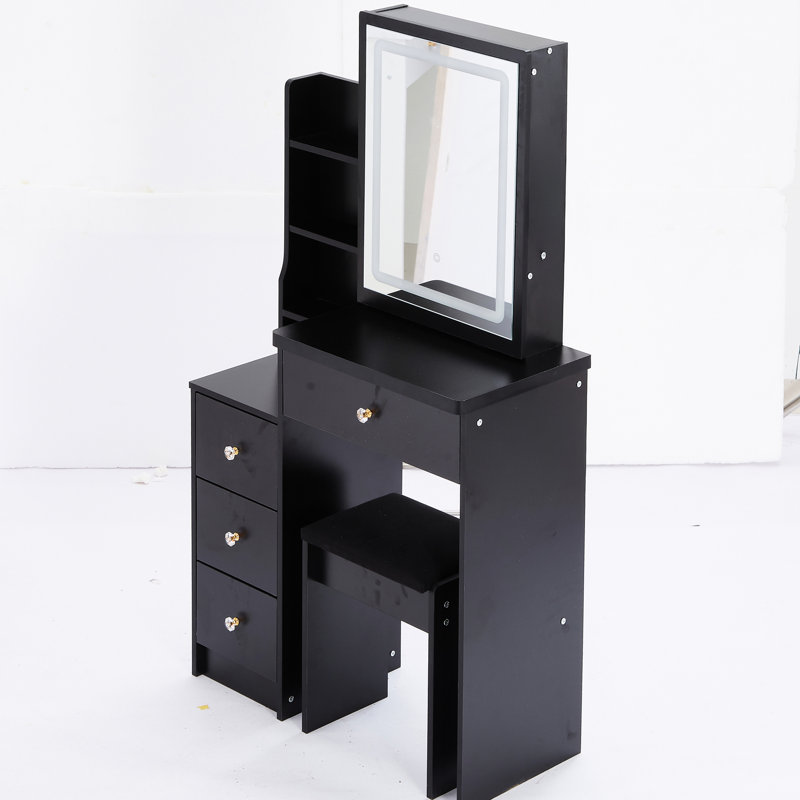 Small - Space 29.2" Left Bedside Vanity Table With Cushioned Stool, Brightness Adjustable Tri Colour Led Mirror, American Design, Black , Led,