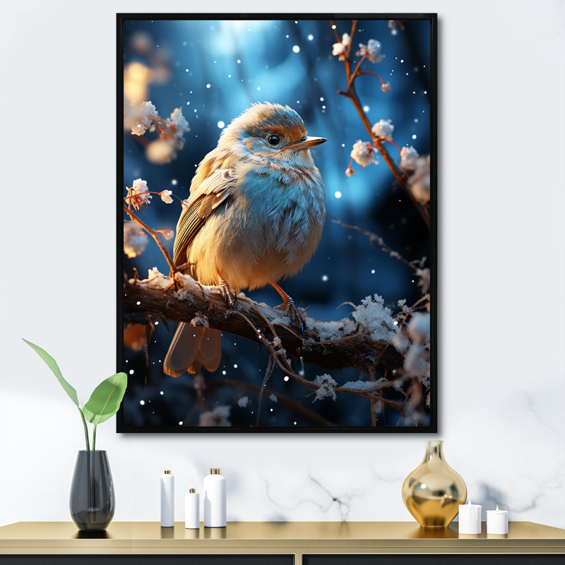 Oiseau bleu en hiver, sérénité I - oiseau, art mural, Encadrement doré, H 20 po x l 12 po
