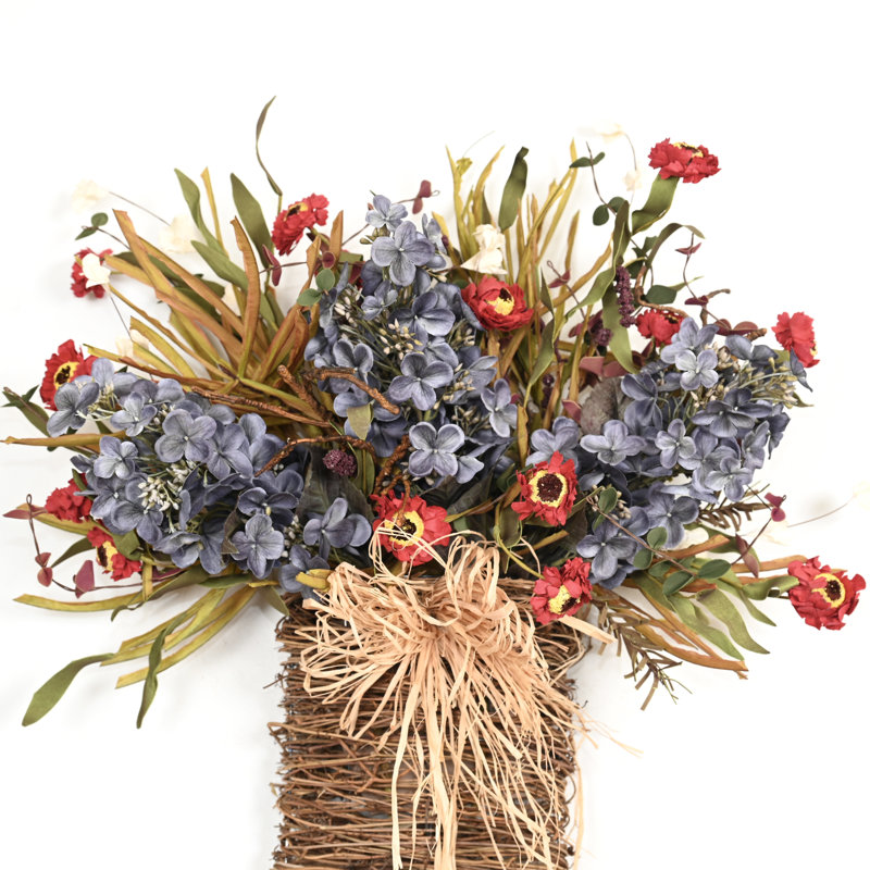 Décoration hortensia rustique artificielle 24 "avec panier en raphia naturel, Gris