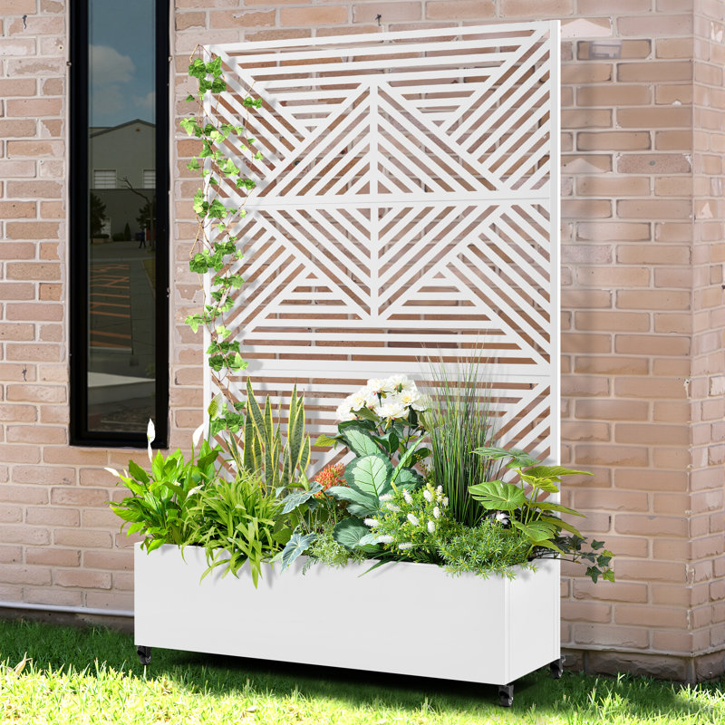 Metal Raised Planter Box with Trellis Privacy Screen, Lockable Wheels and Drainage for Climbing Plants and Vegetables, White