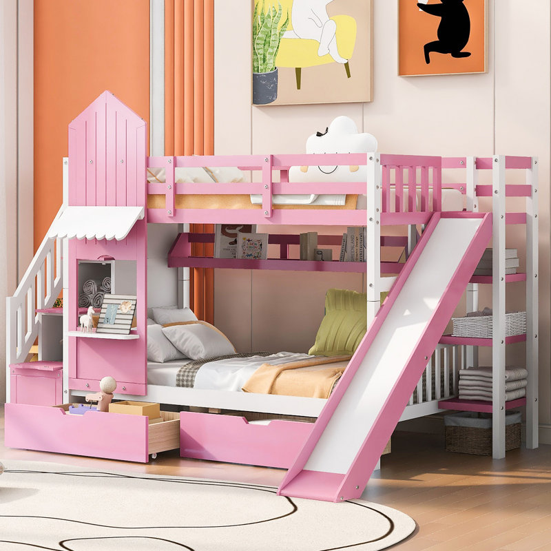 Lit superposé de style château avec 2 tiroirs, 3 tablettes et glissade, Rose, Simple sur simple