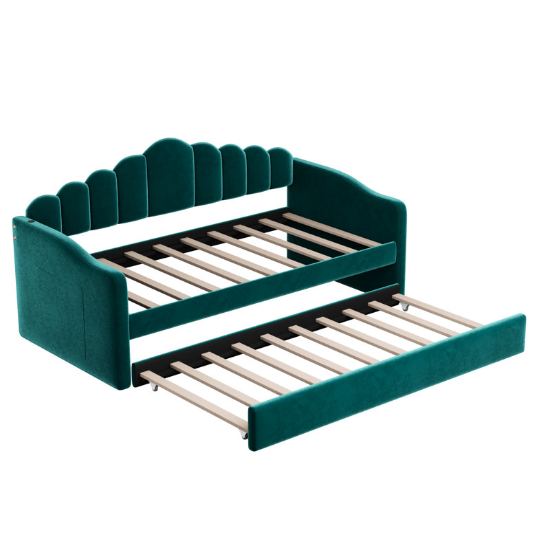 Canapé-lit simple en velours avec couchette et commode, lit de jour gigogne confortable et stable pour la décoration, charge sur l'accoudoir, côtés de rangement spacieux