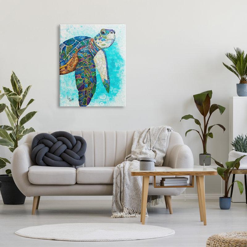 Tortue de mer audacieuse, motifs de collage de galets par Lisa Morales - Peinture, H 40 po x l 30 po x P 1,5 po, Toile tendue