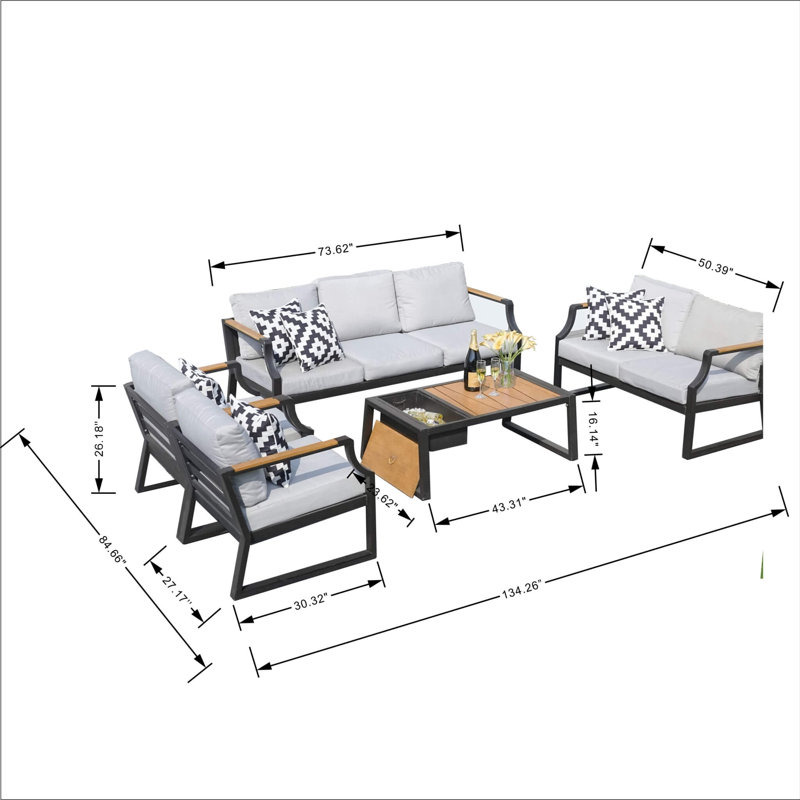 6-Piece Patio Conversation Set With 3-Seater Sofa, 2 Single Sofas, Footrests & Coffee Table With Ice Bucket, Black