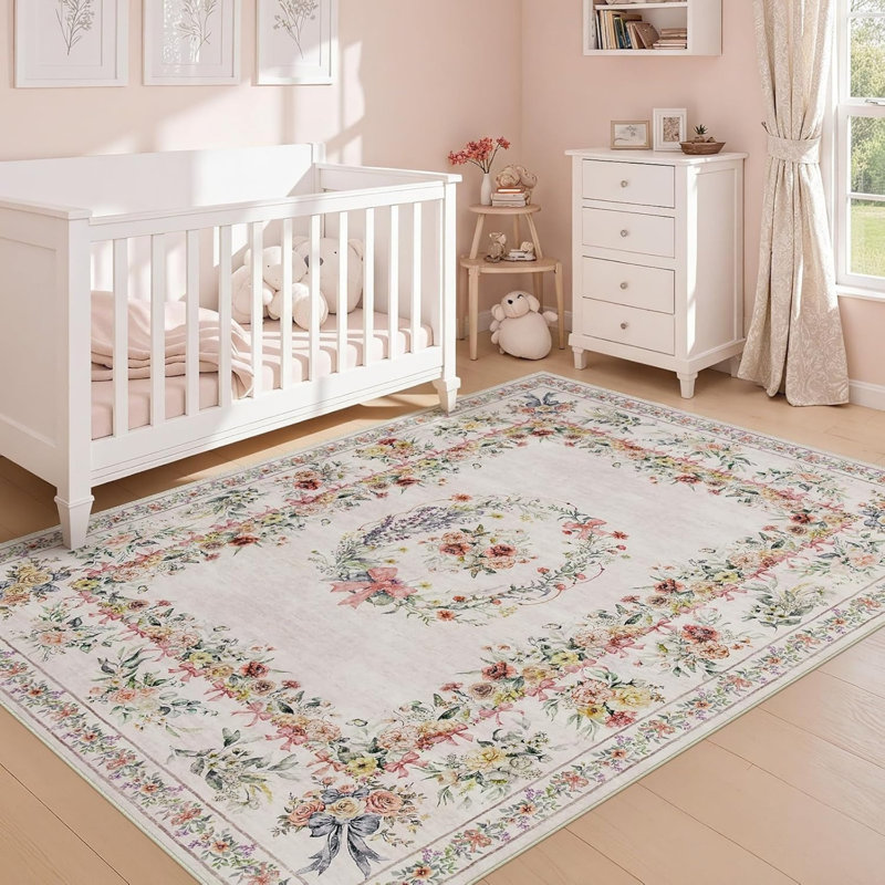Soft Pink Floral Vintage 5 X 7 Ft Area Rug for Bedroom & Vanity