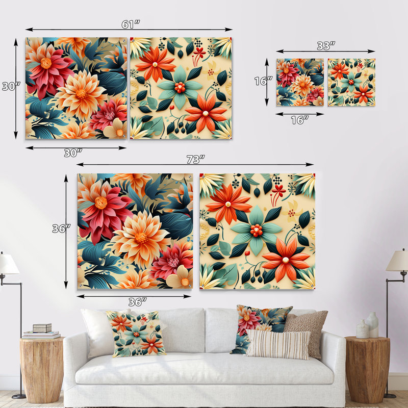 Rétro floral kaléidoscope Melody - ensemble d'art mural en acrylique sur verre floral, H 16 po x l 33 po
