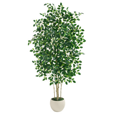 6ft Artificial Multi-Stem Ficus Tree in Modern Textured Planter - Realistic Faux Potted Tree for Living Room, Office & Entryway Decor