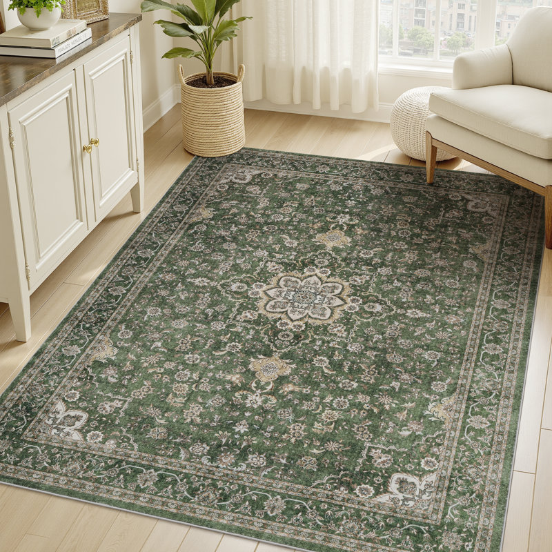 Floral Green Non-Slip Washable Area Rug, Rectangle 8' x 10'