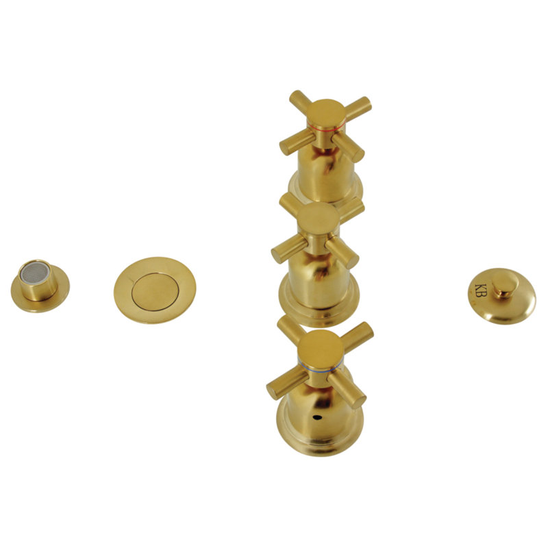 Kingston Brass Concord Three-Handle Vertical Spray Bidet Faucet with Brass Pop-Up, Brushed Brass
