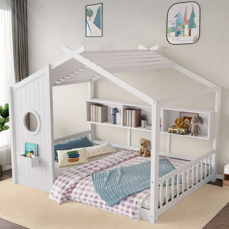 Lit sur pied avec tablettes de rangement, Blanc, Double