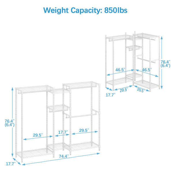 The Twillery Co.® Rosas 5 Tiers Wire Garment Rack Heavy Duty Clothes Rack  For Hanging Clothes, Wardrobe Rack Compact Large Metal Clothing Rack  Freestanding Closet Storage Rack, Max Load 595.35LBS, V6 White