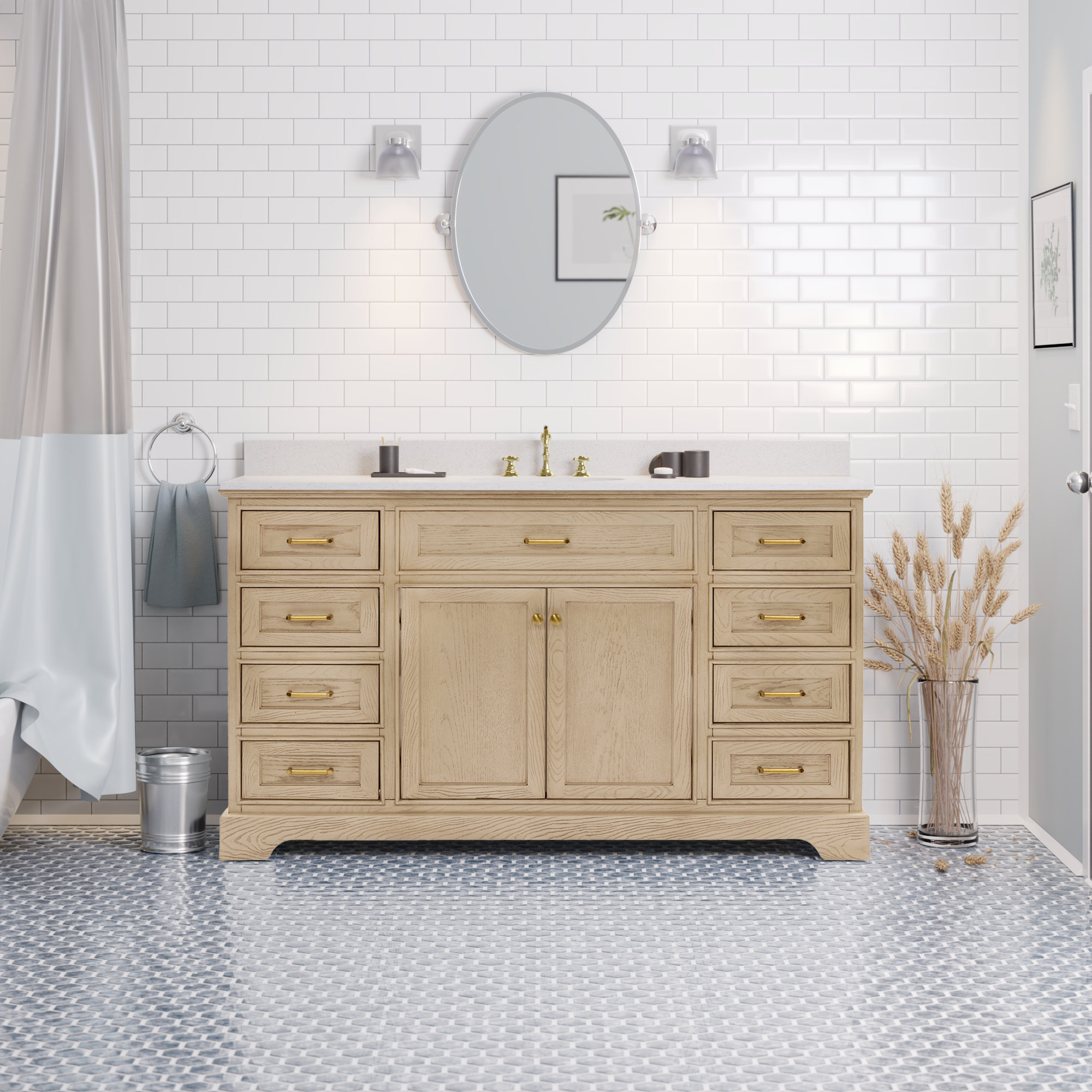 Ronnie 60'' Single Bathroom Vanity, Engineered White, Greige Oak