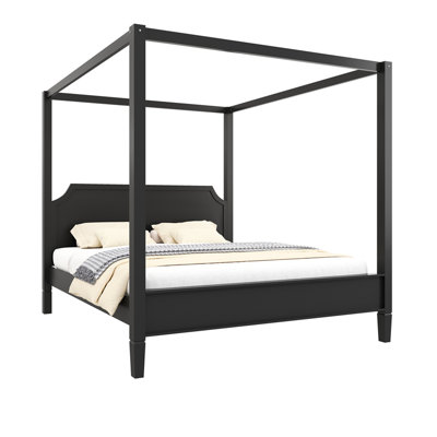 Queen Size Wooden Canopy Platform Bed with Headboard and Support Legs, Black